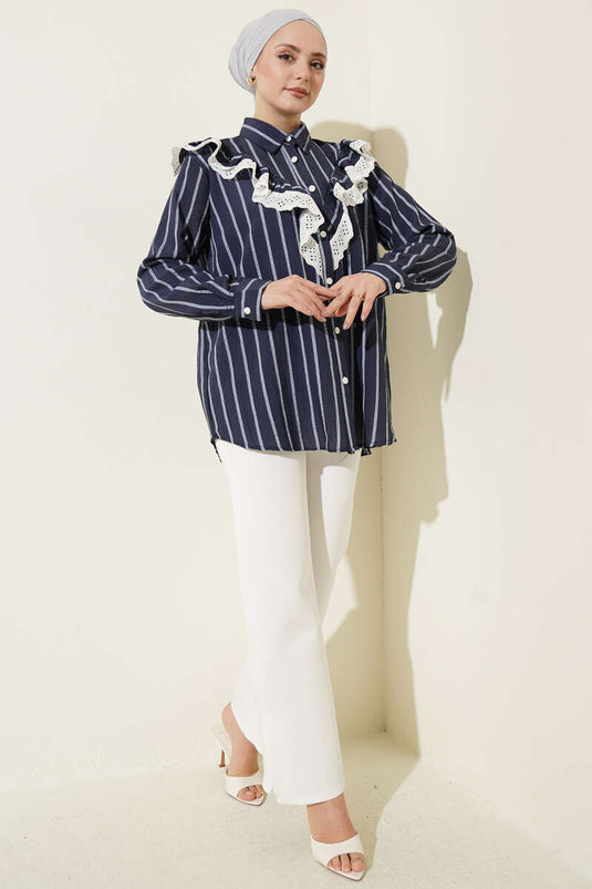 V Lace-Trimmed Striped Tunic Navy Blue