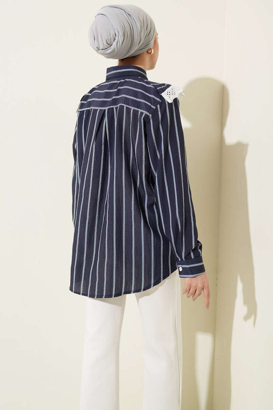 V Lace-Trimmed Striped Tunic Navy Blue