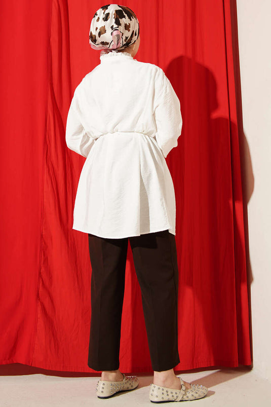 V Ribbed Half-Button Tunic Ecru