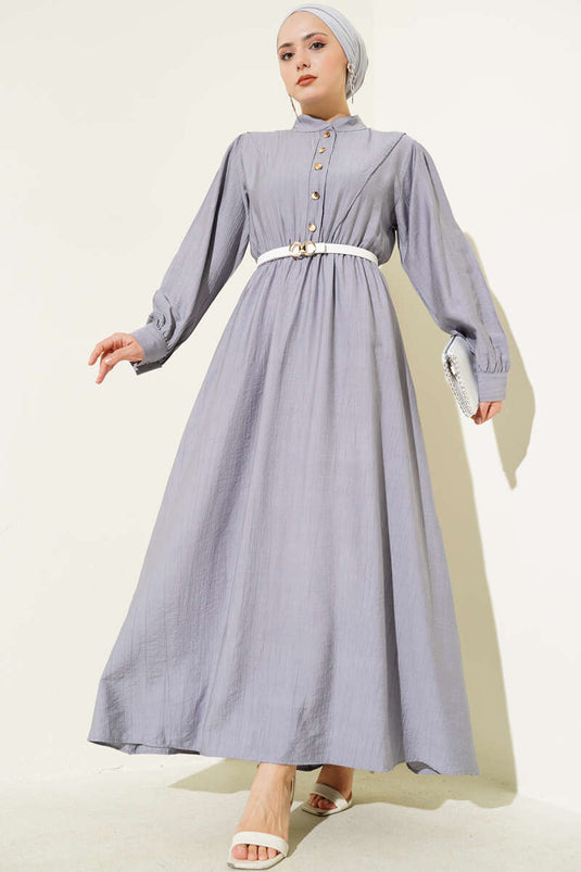 فستان رمادي بخصر مطاطي على شكل حرف V