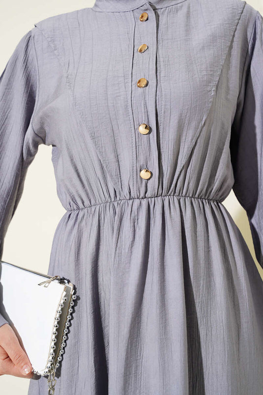 فستان رمادي بخصر مطاطي على شكل حرف V