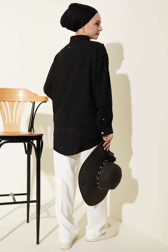 Chemise noire à 5 parties ornée de pierres