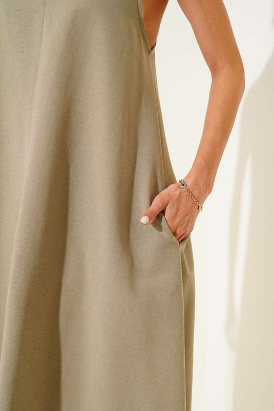 V-Neck Back Crossover Dress Khaki