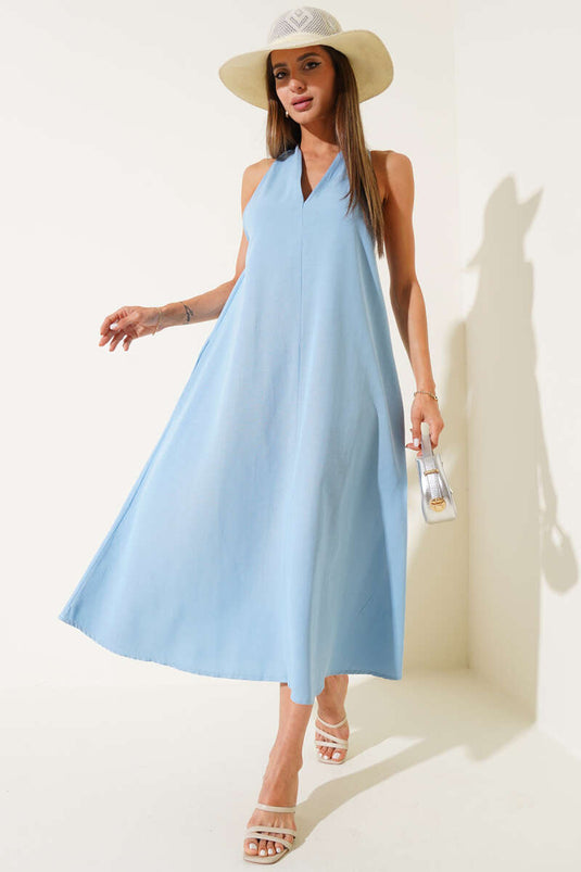 V-Neck Back Crossover Dress Blue