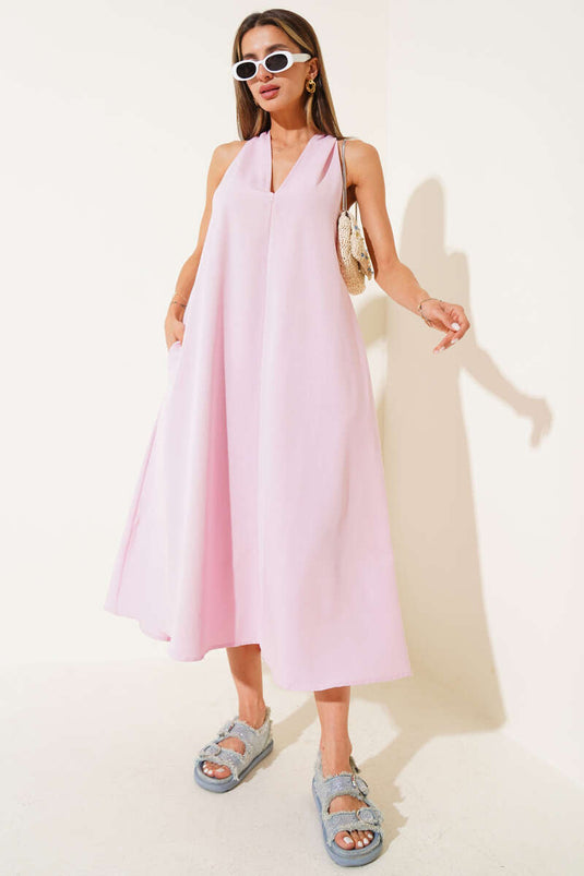 V-Neck Back Crossover Dress Pink