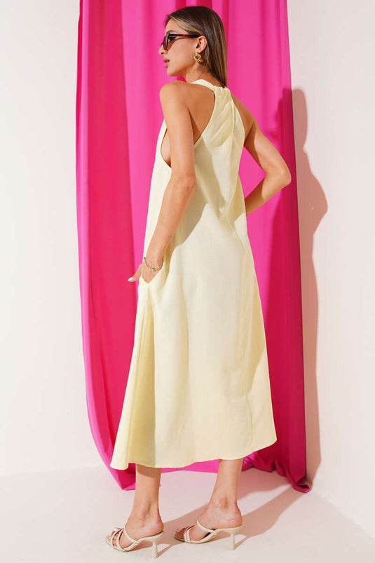 V Yaka Arkası Çapraz Elbise Sarı