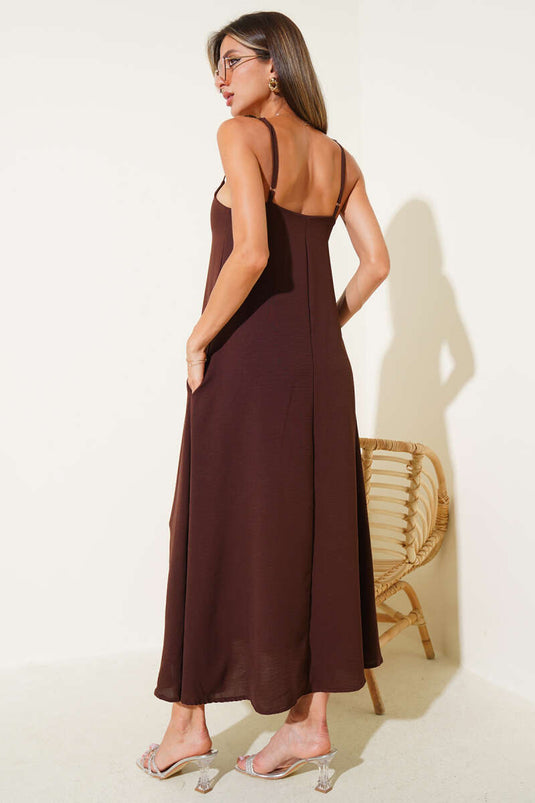 فستان أيروبين بياقة على شكل حرف V، بني