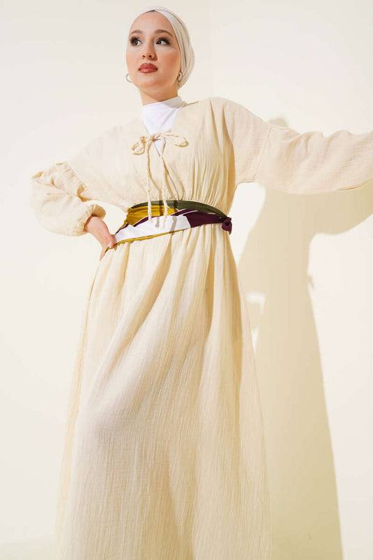 V Yaka Bağcıklı Elbise Bej