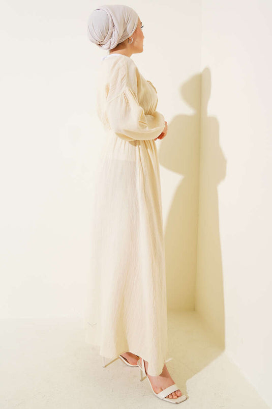 V Yaka Bağcıklı Elbise Bej