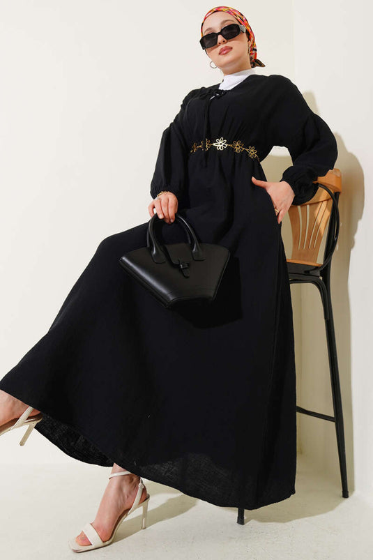 V Yaka Bağcıklı Elbise Siyah