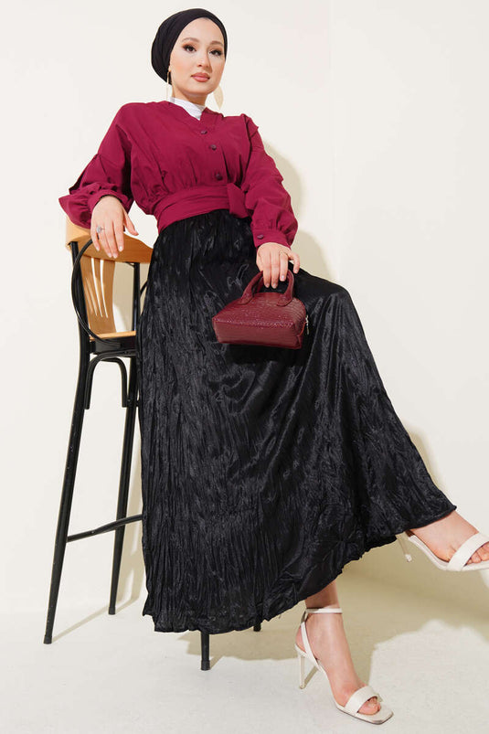 V Yaka Bağlamalı Kısa Gömlek Bordo