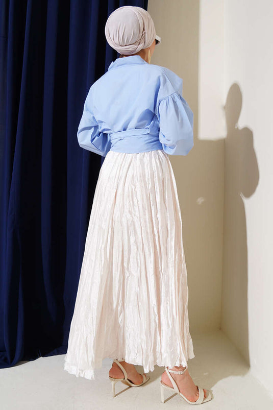 V Yaka Bağlamalı Kısa Gömlek Mavi