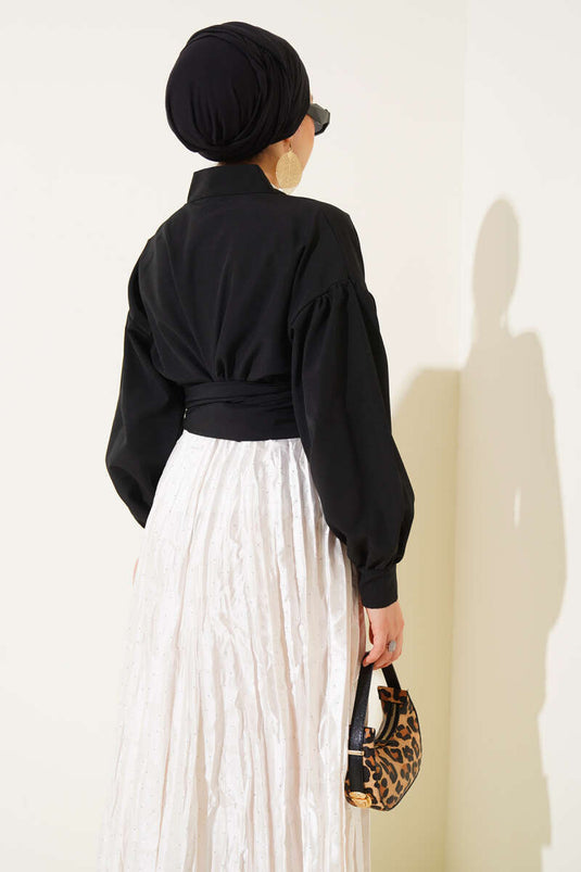 V Yaka Bağlamalı Kısa Gömlek Siyah