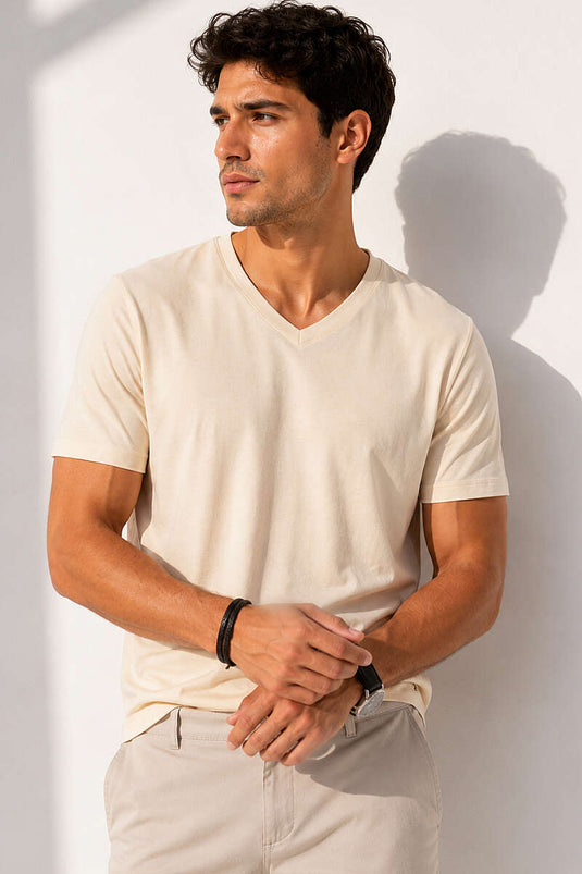 V Yaka Basic Erkek T-shirt Bej