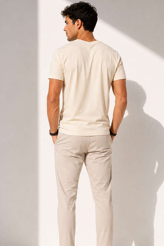 V Yaka Basic Erkek T-shirt Bej