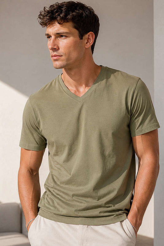 V Yaka Basic Erkek T-shirt Haki