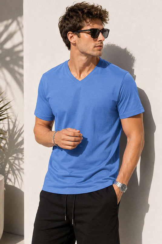 V Yaka Basic Erkek T-shirt Mavi
