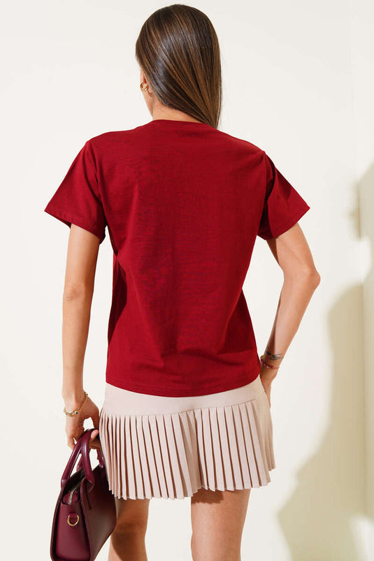 V Yaka Basic T-shirt Bordo