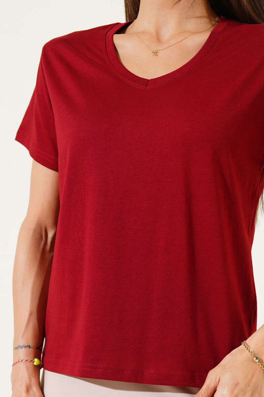Basic-T-Shirt mit V-Ausschnitt, Bordeaux