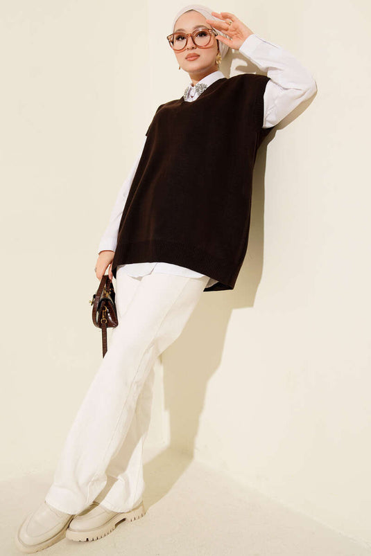 V-Neck Basic Knit Sweater Brown