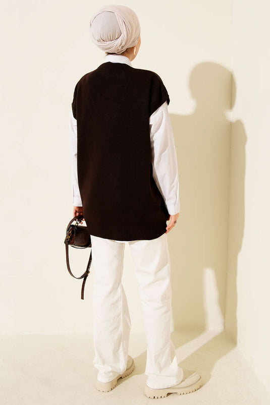 V-Neck Basic Knit Sweater Brown