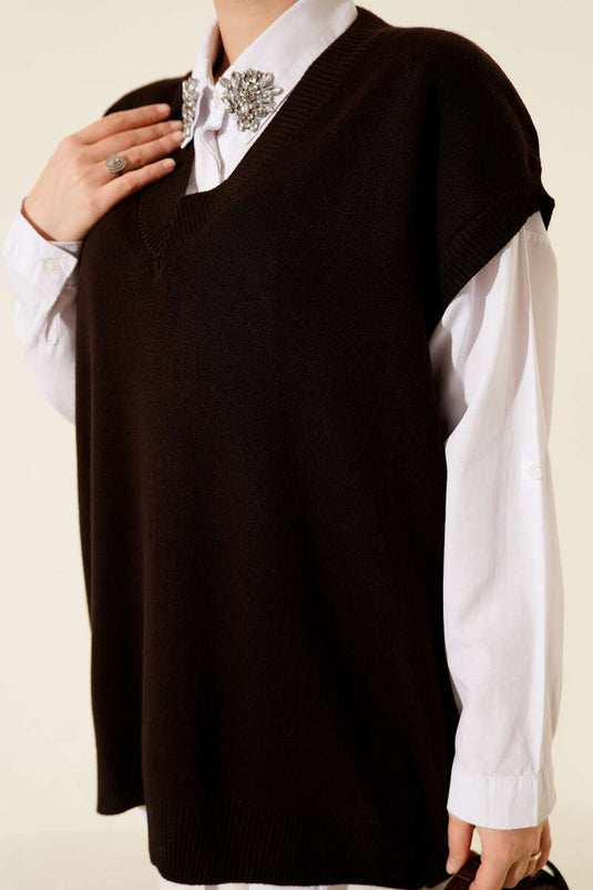 Pull basique en maille à col V marron