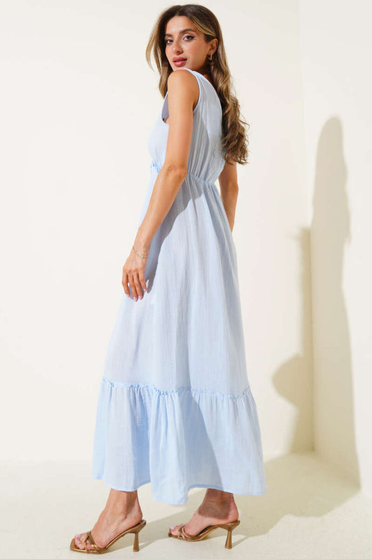 V Yaka Bel Lastikli Müslin Elbise Mavi