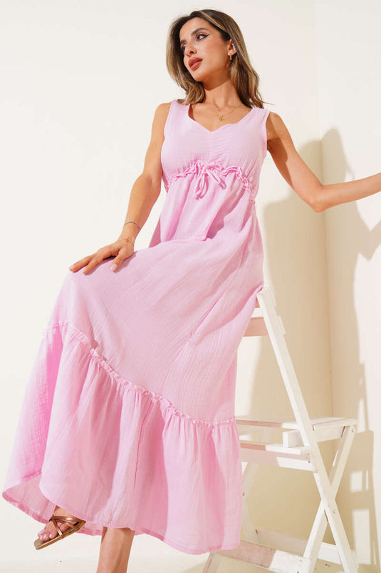 V Yaka Bel Lastikli Müslin Elbise Pembe