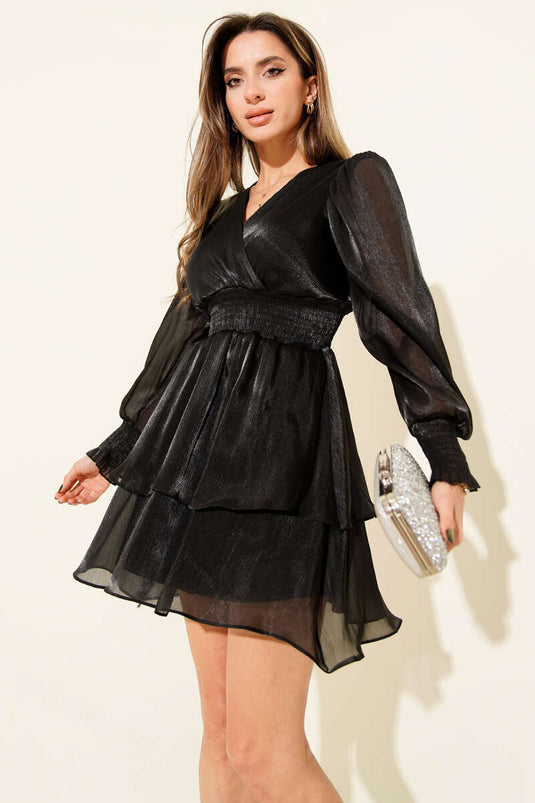 V-Neck Mini Dress with Elastic Waist, Black