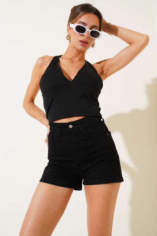 V Yaka Boyundan Bağlamalı Bluz Siyah