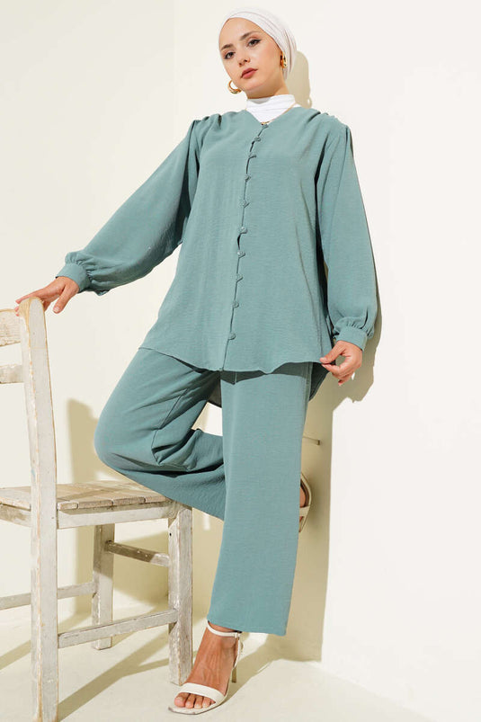 V Yaka Brit Düğmeli Ayrobin İkili Takım Çağla Yeşili