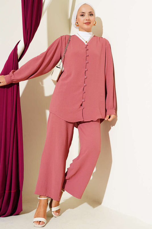 V Neck Brit Buttoned Ayrobin Two Piece Suit Dusty Rose