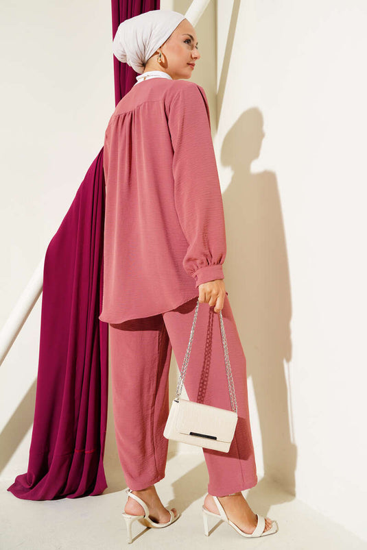 V Neck Brit Buttoned Ayrobin Two Piece Suit Dusty Rose