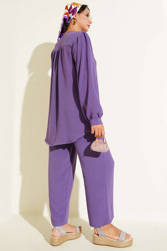 V Yaka Brit Düğmeli Ayrobin İkili Takım Mor