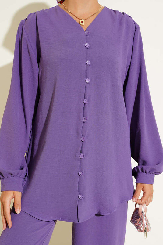 V Yaka Brit Düğmeli Ayrobin İkili Takım Mor