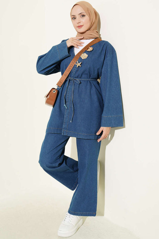Completo Jeans Con Scollo A V E Spille Blu