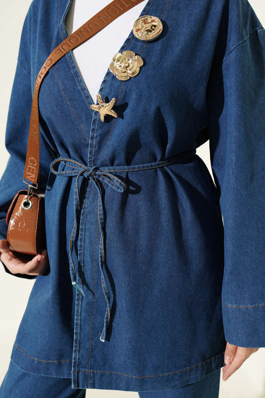 Completo Jeans Con Scollo A V E Spille Blu
