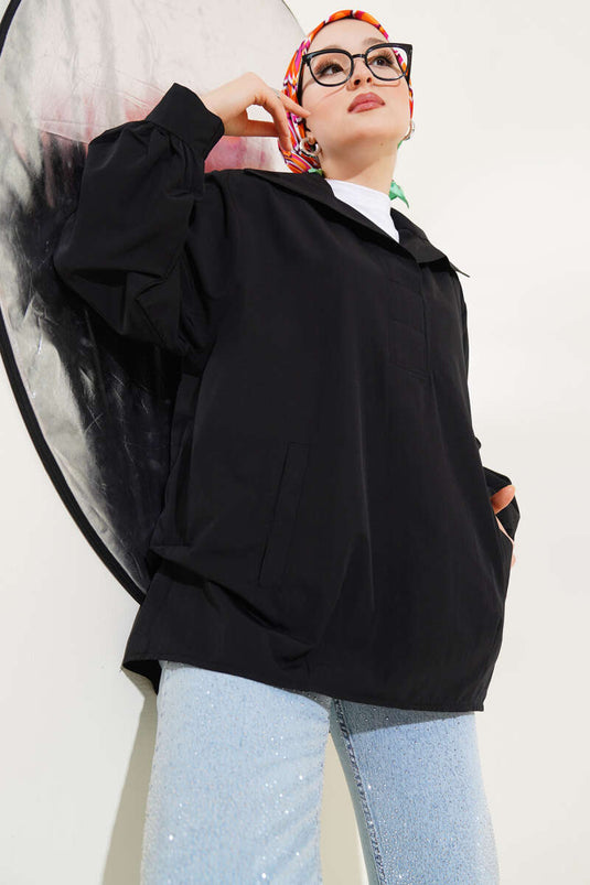 V Yaka Cepli Tunik Siyah