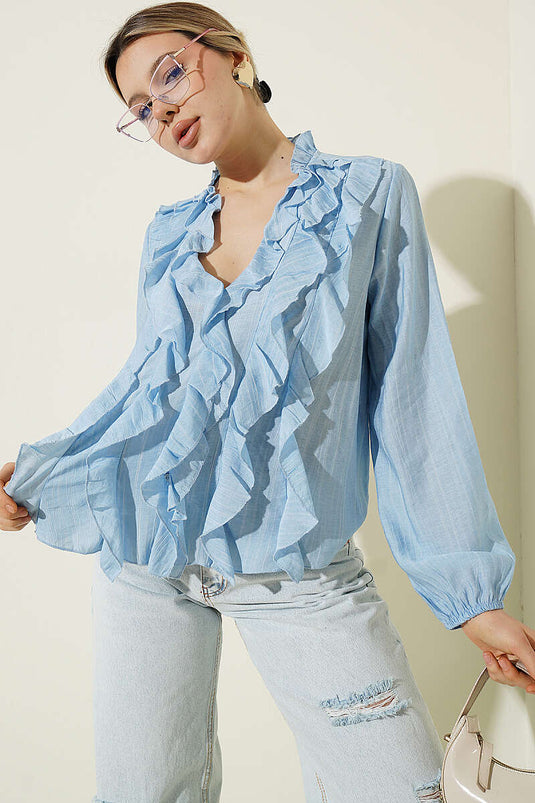Blusa a righe con volant e scollo a V blu