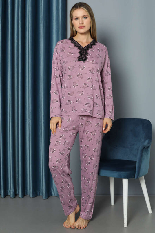 V Yaka Desenli Dantelli Pijama Takımı Magenta