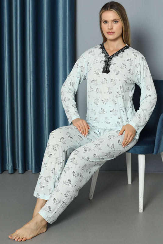 طقم بيجامة من الدانتيل بفتحة رقبة على شكل حرف V - لون نعناعي