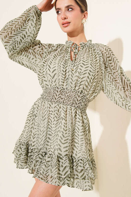 V Yaka Desenli Fırfırlı Şifon Mini Elbise Haki