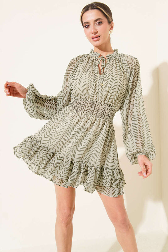 V Yaka Desenli Fırfırlı Şifon Mini Elbise Haki