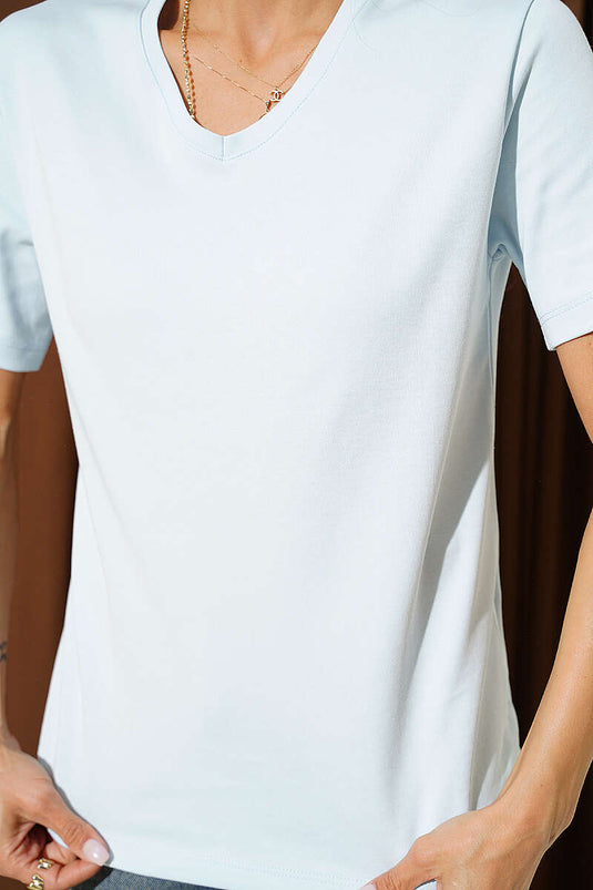 V Yaka Detaylı Basic T-shirt Buz Mavisi