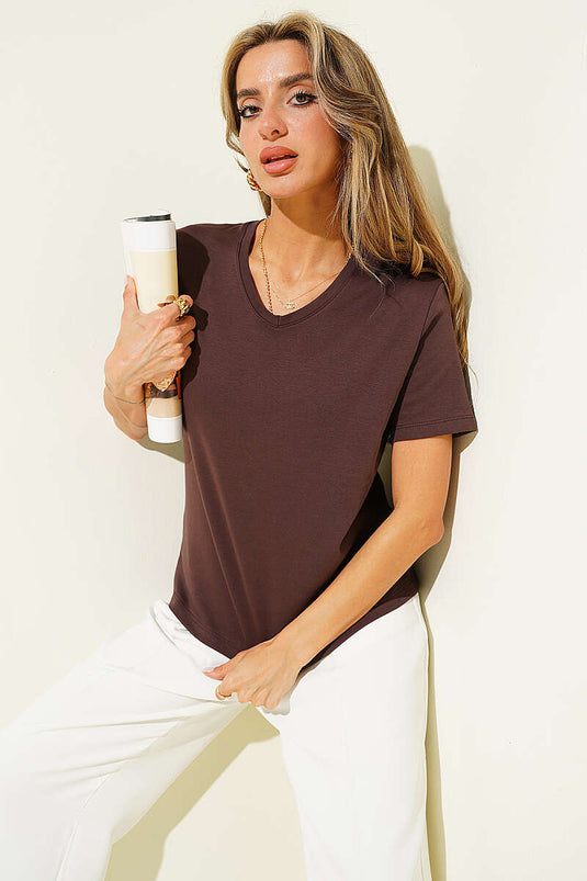 V Yaka Detaylı Basic T-shirt Kahve