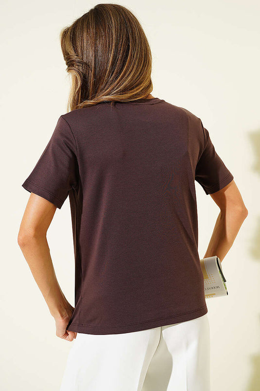 V Yaka Detaylı Basic T-shirt Kahve