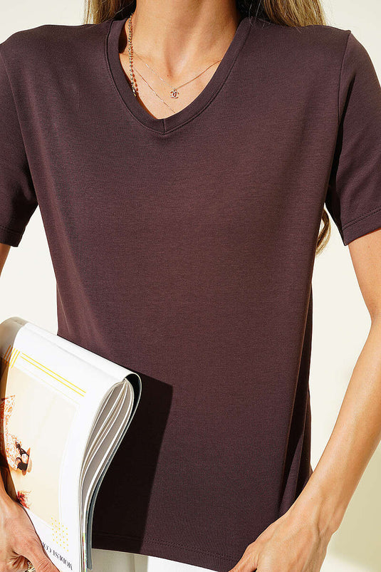 V Yaka Detaylı Basic T-shirt Kahve