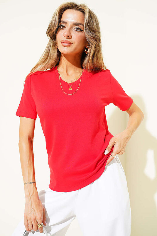 V Yaka Detaylı Basic T-shirt Kırmızı