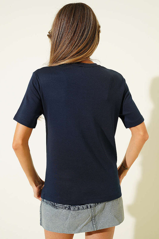 V Yaka Detaylı Basic T-shirt Lacivert