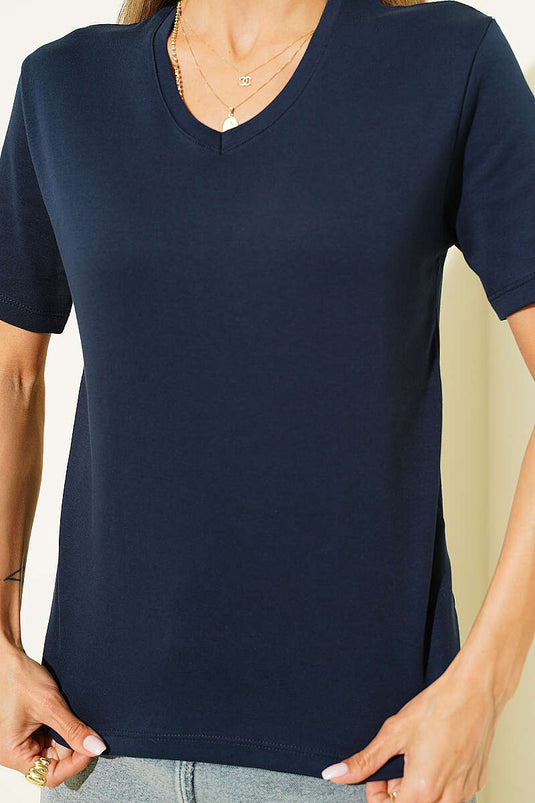 V Yaka Detaylı Basic T-shirt Lacivert